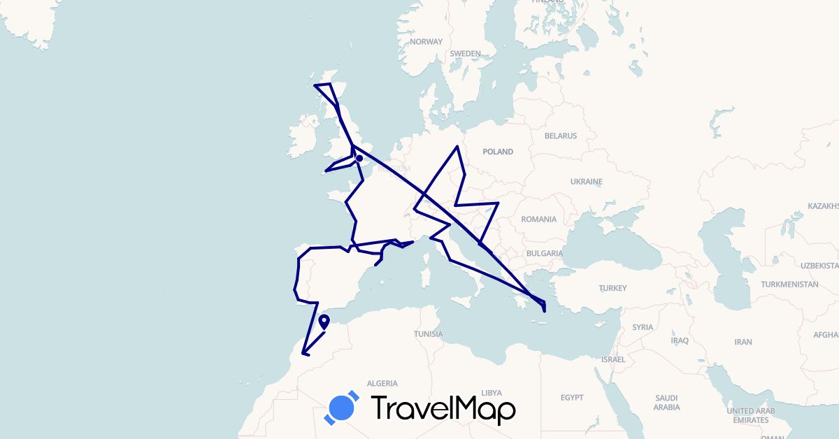 TravelMap itinerary: driving in Andorra, Canada, Switzerland, Czech Republic, Germany, France, United Kingdom, Greece, Croatia, Hungary, Italy, Morocco (Africa, Europe, North America)